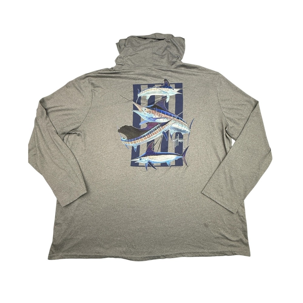 Guy Harvey Hoodie Men XXL Gray Marlin Fishing Graphic Long Sleeve Pocket Stained